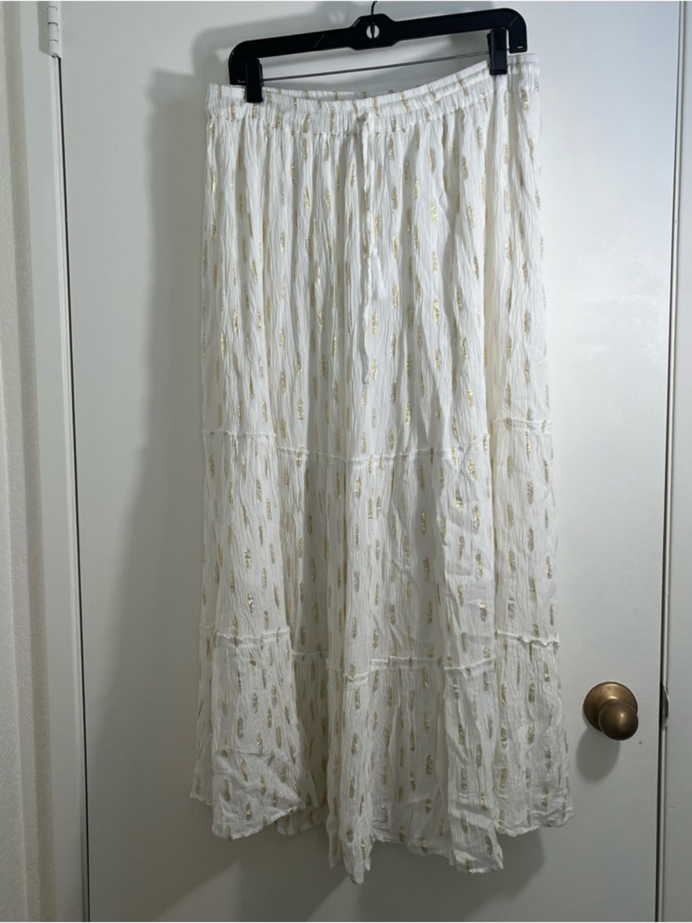 NWT White Maxi Skirt with Gold & Silver Foil Detail Tiered Large Boho Gypsy